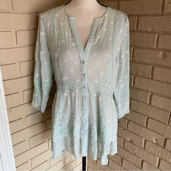 Sundance Womens Blouse Top Silk Eyelet Button Up 3/4 Sleeve Boho Cottagecore S - Picture 1 of 9